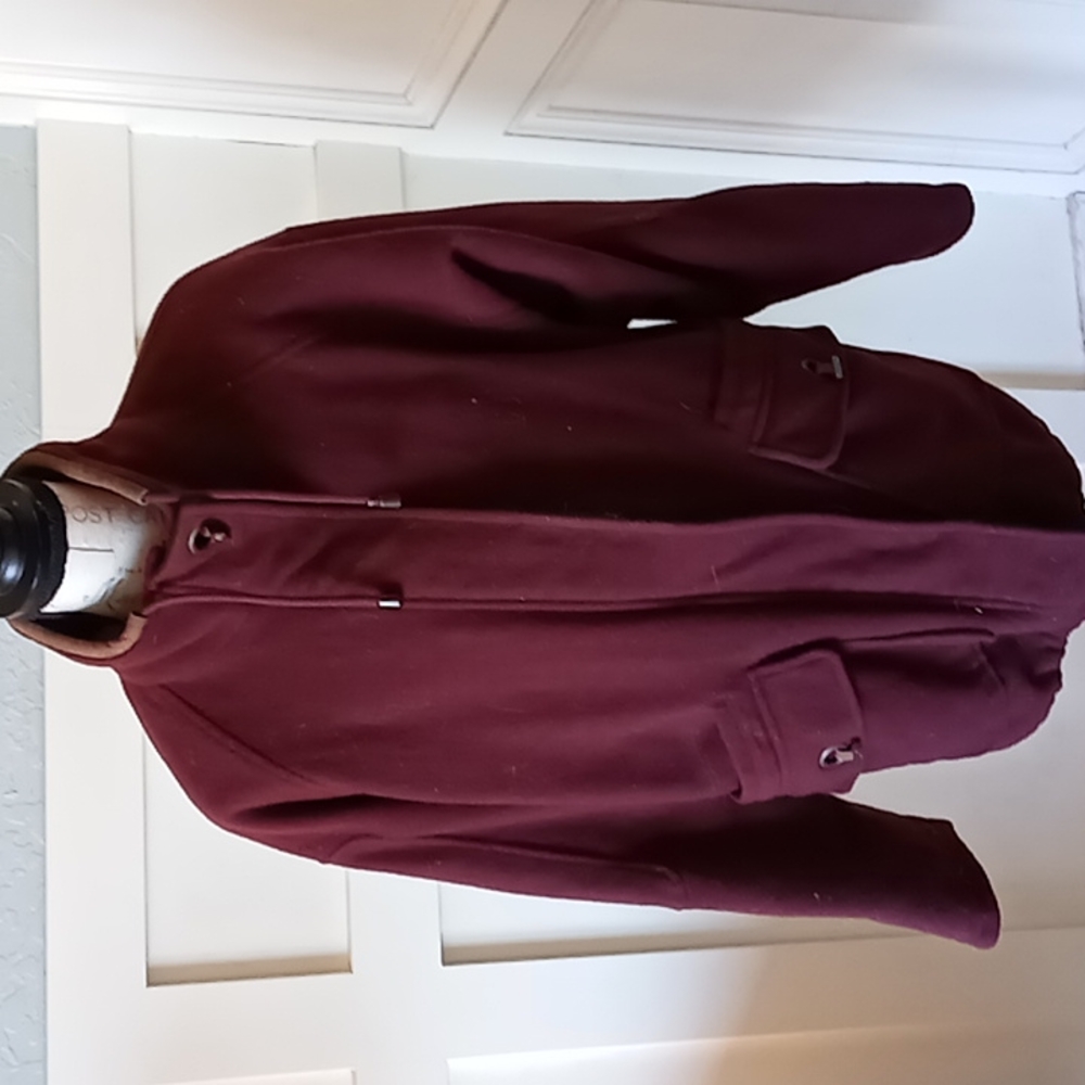 Charles Klein Burgundy Wool and Leather Coat With Toggles Sz Sm